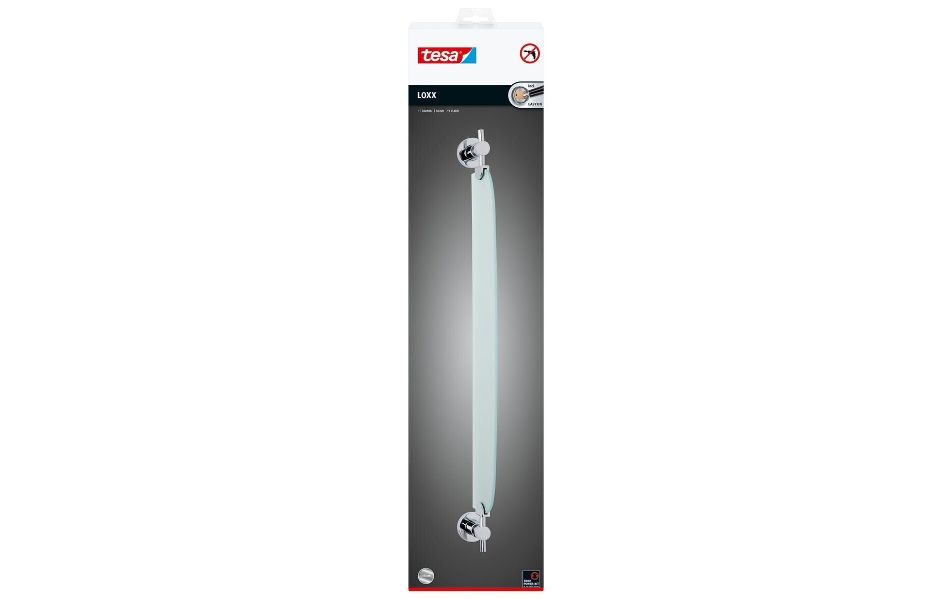 TESA Seifenhalter – Glas/Metall, Kleben (Klebekissen), 70×5×13,5 cm, Chrom/Weiss