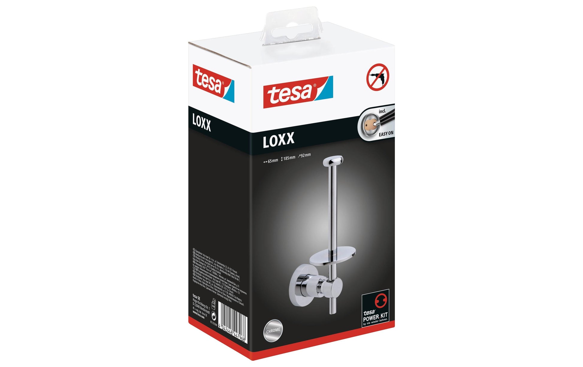 TESA Toilettenpapierhalter – chrom, klebend, wandmontiert, 6,5 × 18,5 × 9,2 cm
