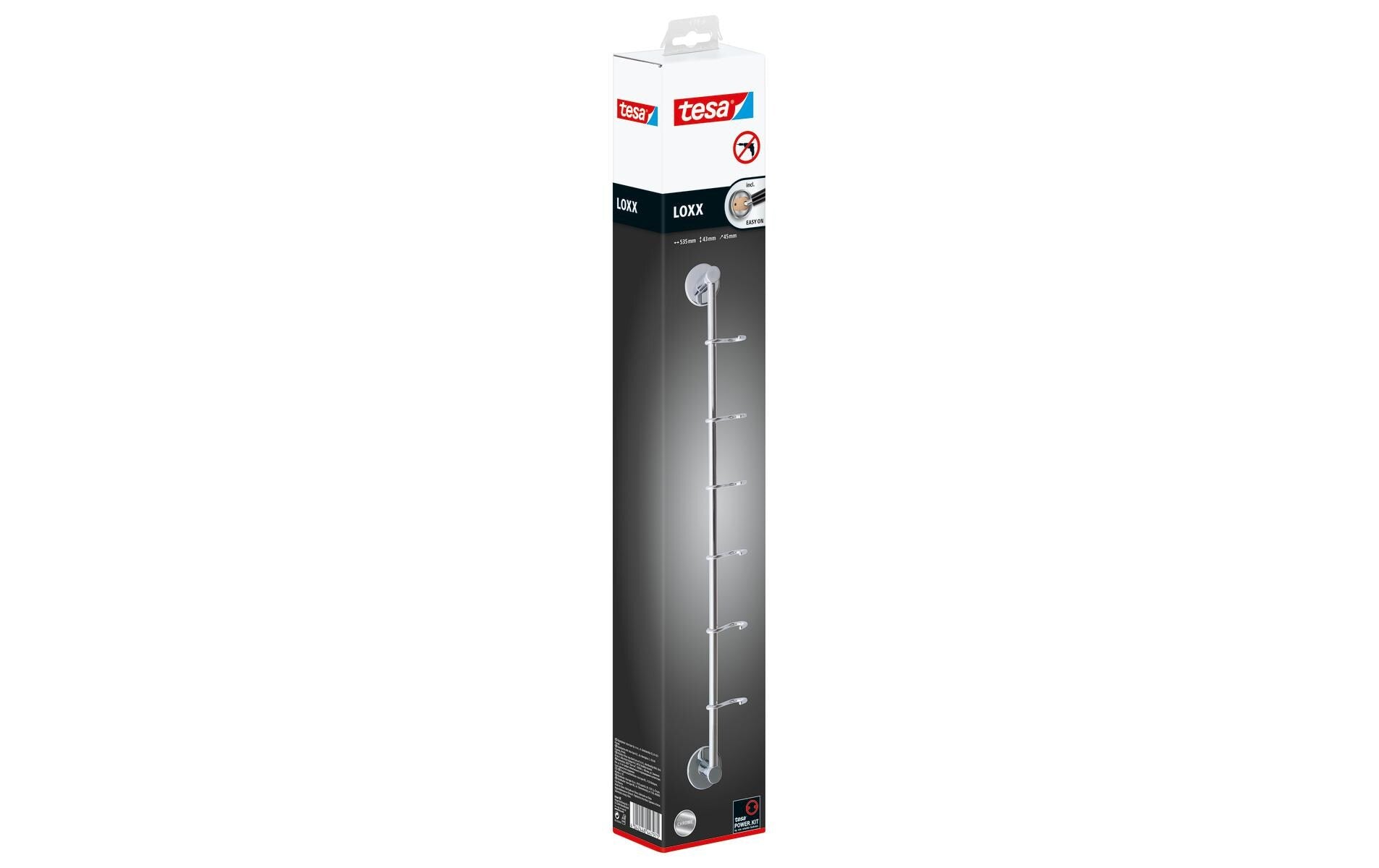 TESA Klebehaken – Metall, Chrom, 12 kg, Klebestreifen, 53,5×4,3 cm