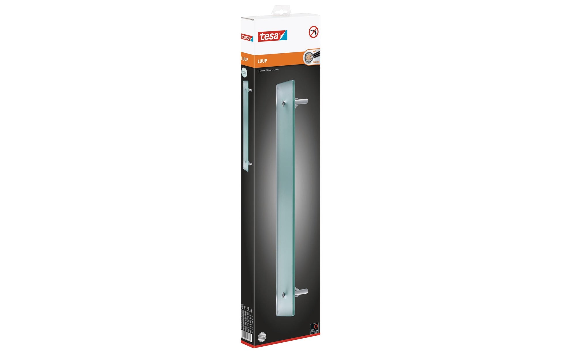 TESA Seifenhalter (Wand) – 55×12×7 cm, Glas/Metall, Klebestreifen, Edelstahl/Transparent