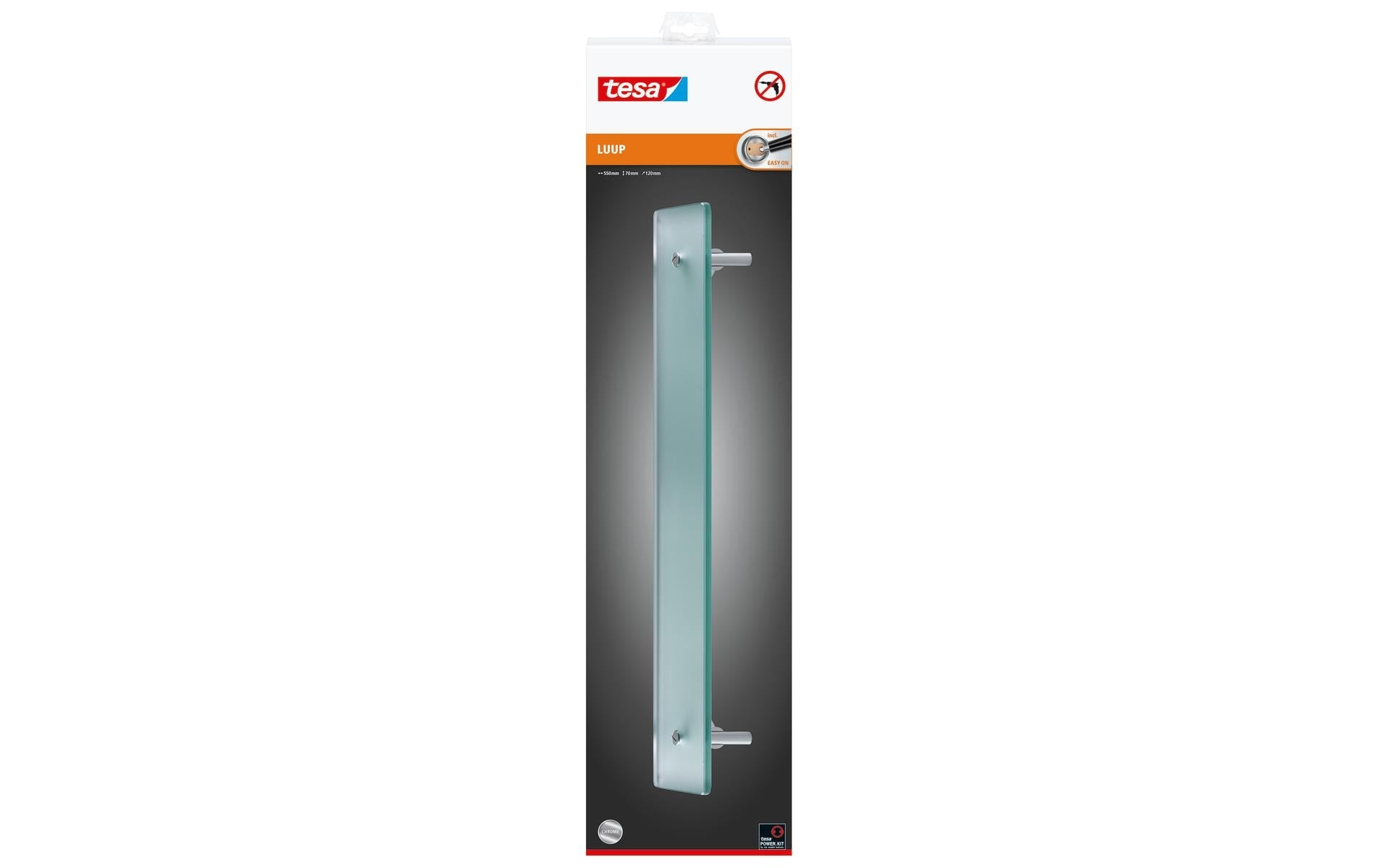 TESA Seifenhalter (Wand) – 55×12×7 cm, Glas/Metall, Klebestreifen, Edelstahl/Transparent