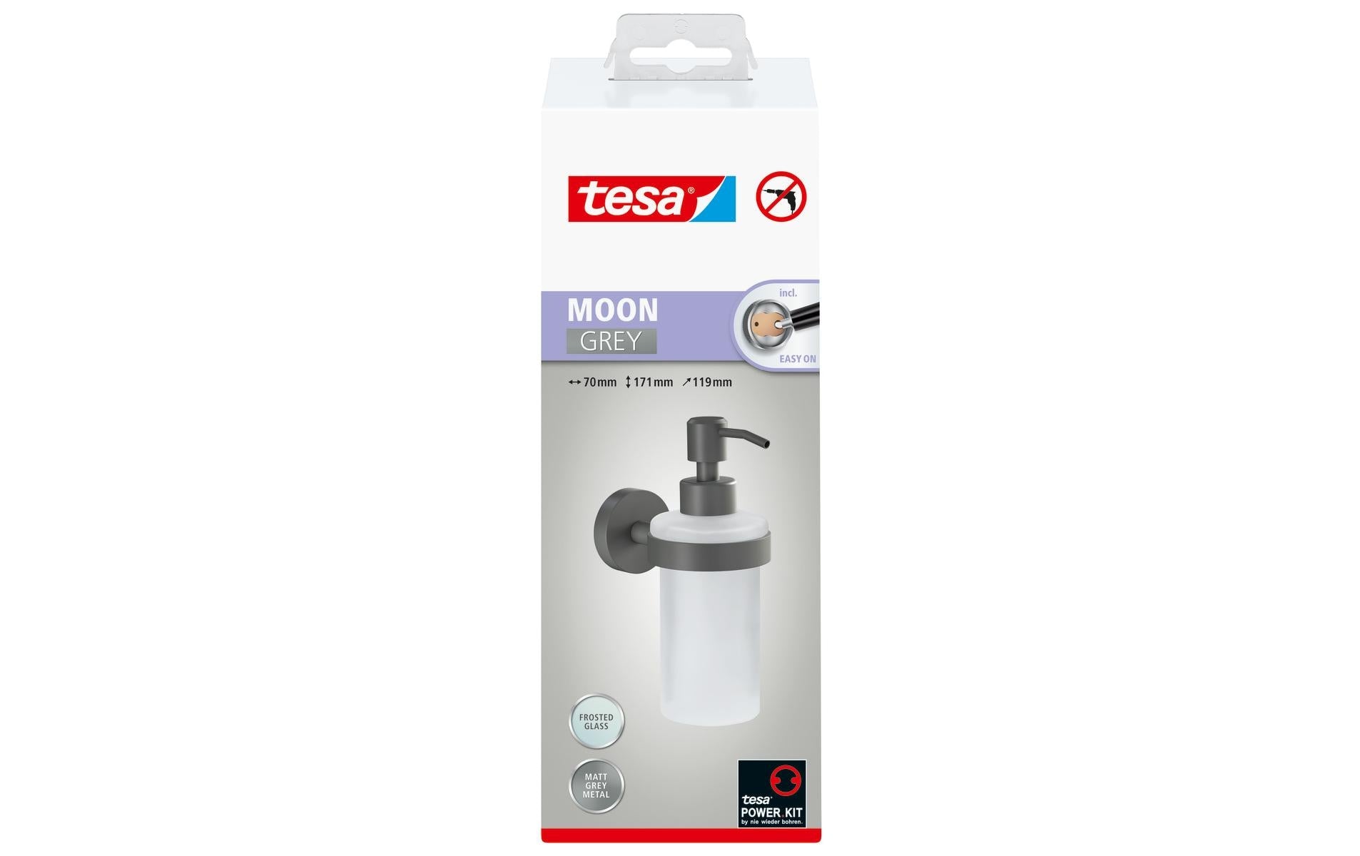 TESA Seifenspender, manuell, 200 ml, Wandmontage, Glas, Metall, grau, B 70 × H 119 × T 171 mm