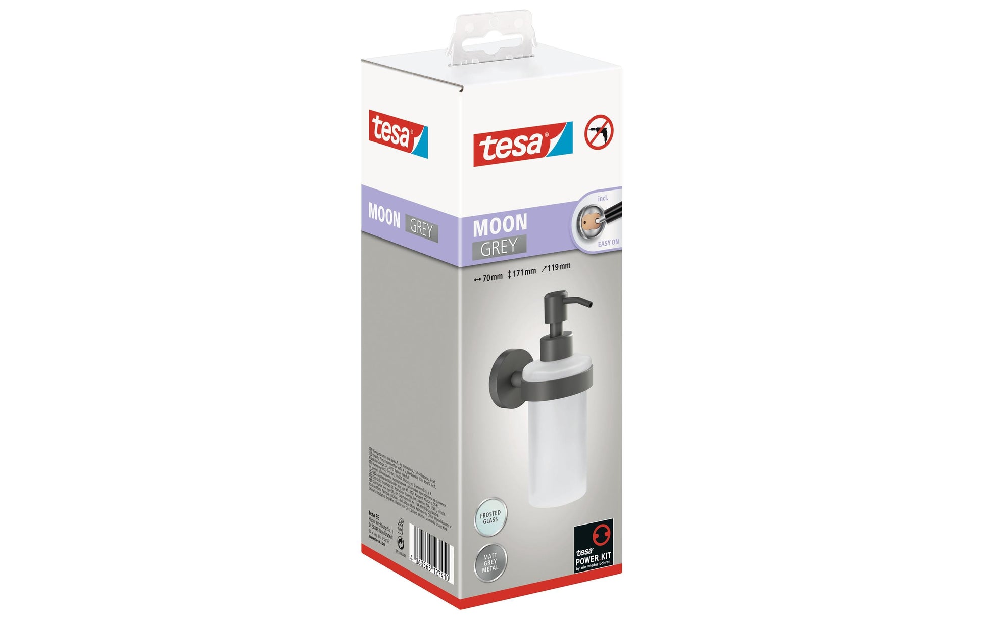 TESA Seifenspender, manuell, 200 ml, Wandmontage, Glas, Metall, grau, B 70 × H 119 × T 171 mm