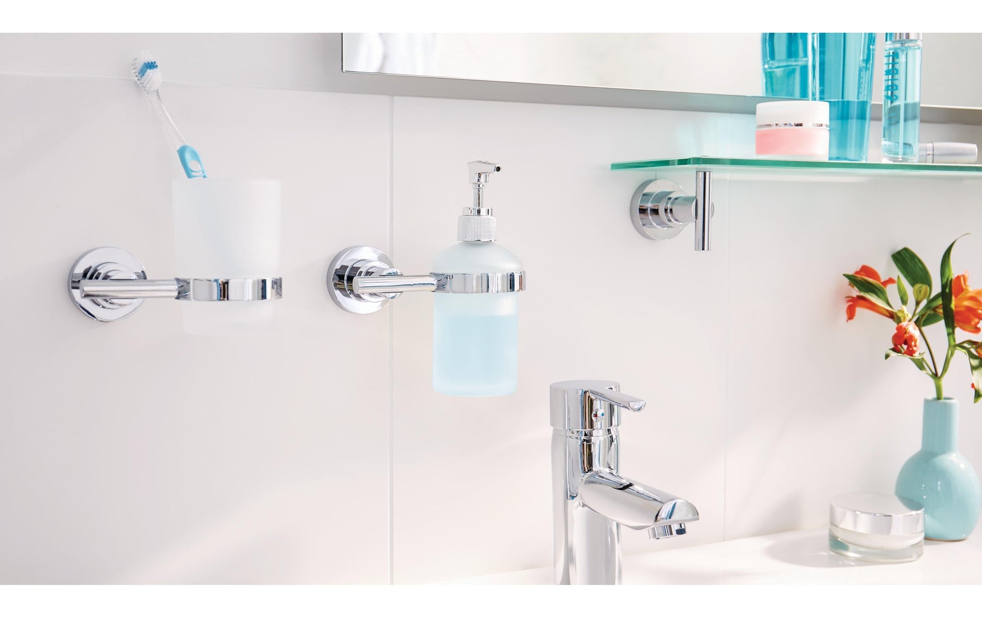 TESA Seifenhalter (Wand) – 55×12×7 cm, Glas/Metall, Klebestreifen, Edelstahl/Transparent