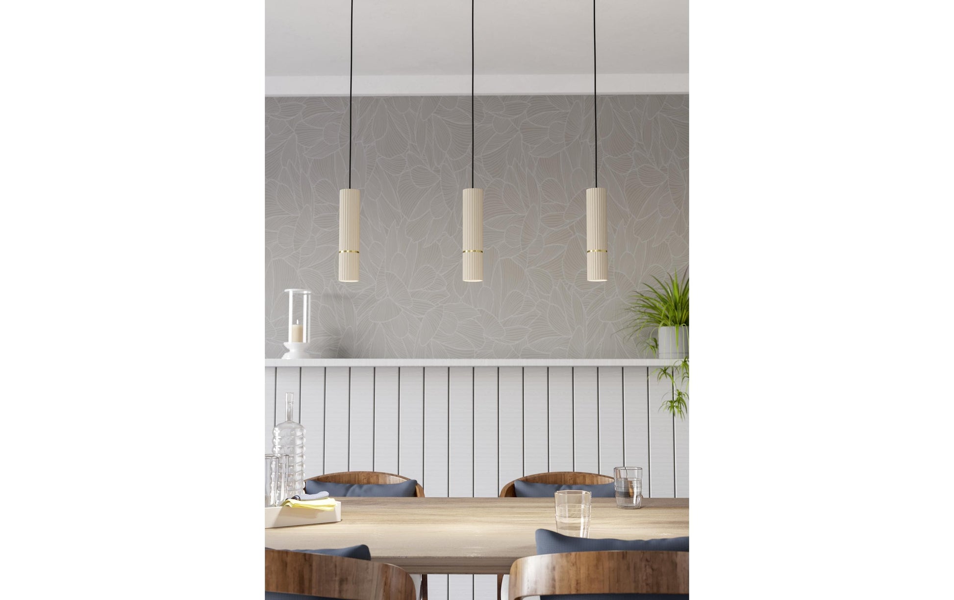 EGLO Pendelleuchte CAMINIA – 77 × 9 × 110 cm, 1035 lm, 14,1 W, 3000 K, beige/ messing, höhenverstellbar