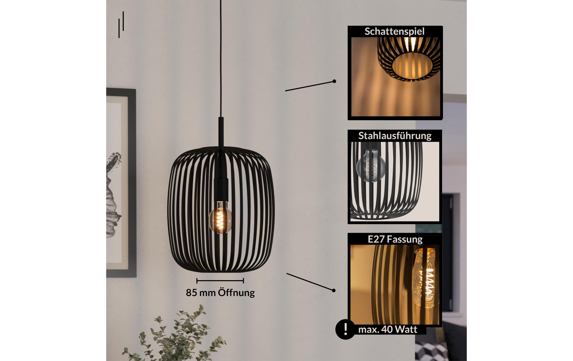 EGLO Pendelleuchte Romazzina – Ø 32,5 × 110 cm, 40 W, dimmbar, für ZigBee 3.0, schwarz, exkl. E27