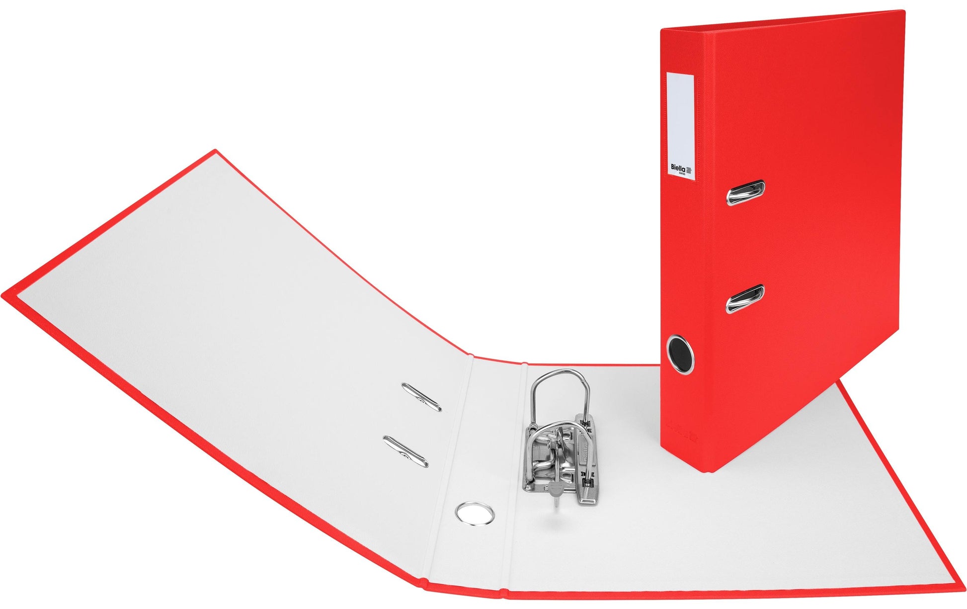Biella Ordner – A4 hoch – 2-Ring Hebelmechanik, Rücken 40 mm – rot, mit Niederhalter, mit Griffloch, FSC