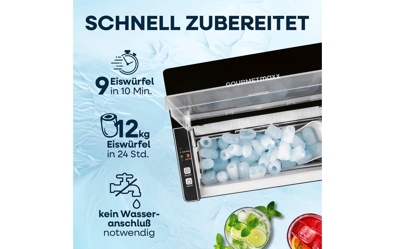 Gourmetmaxx Eiswürfelmaschine – 12 kg/24 h, 1,5 l Tank, 150 W, ohne Festwasseranschluss, schwarz