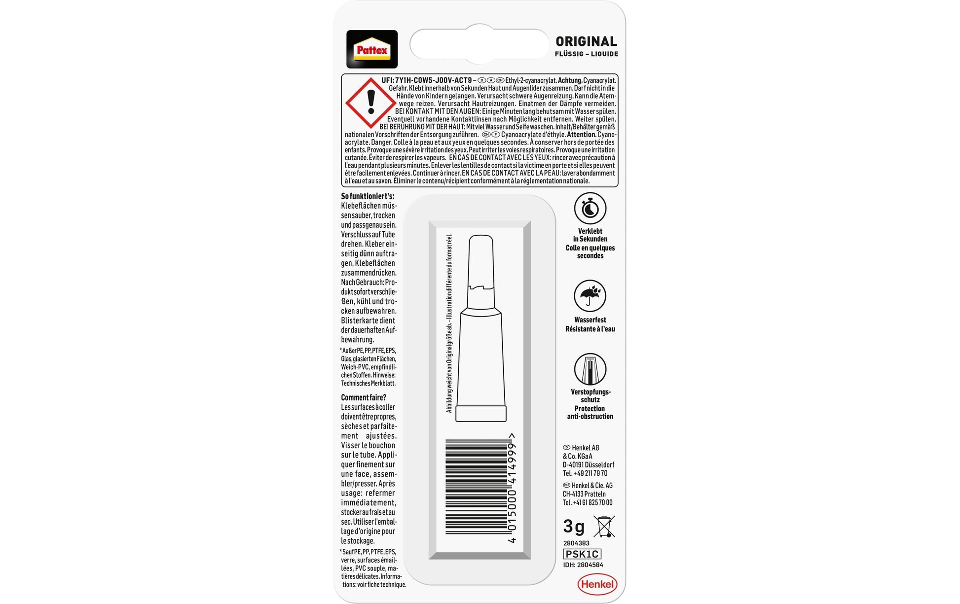 Pattex Sekundenkleber – Tube, permanent, transparent, schnelltrocknend, 3 g, für viele Materialien