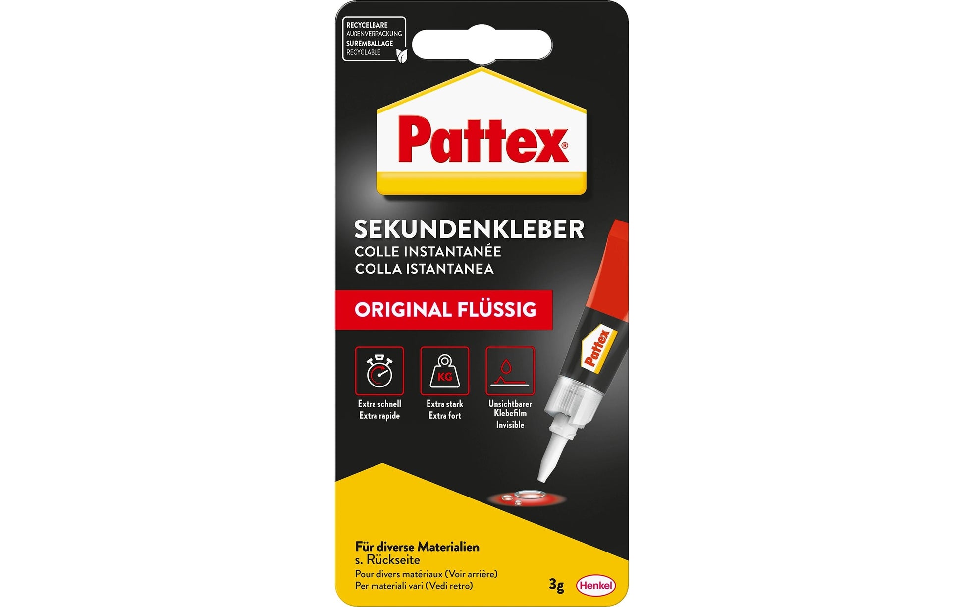 Pattex Sekundenkleber – Tube, permanent, transparent, schnelltrocknend, 3 g, für viele Materialien