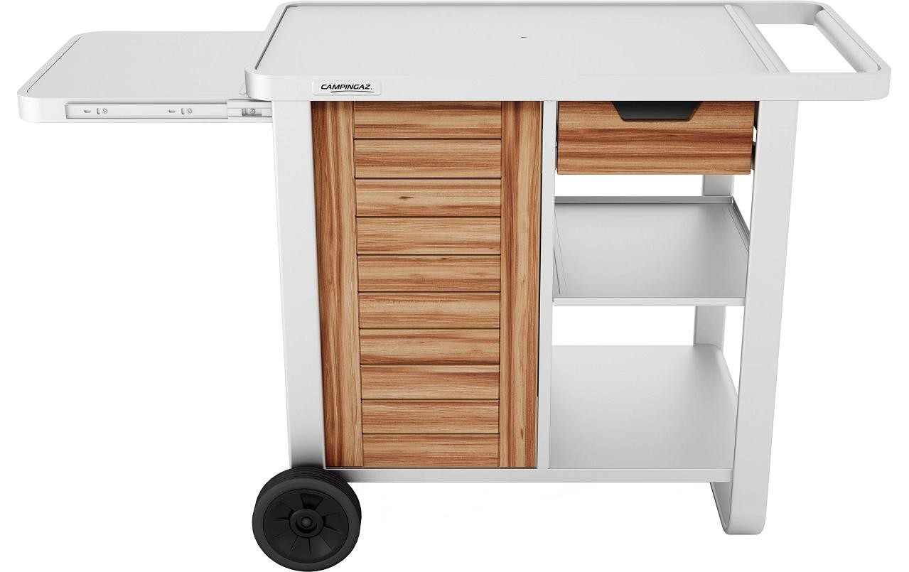 Campingaz Wagen, 1 Regal, 2 Räder mit Lenkrollen, Silber/Holz
