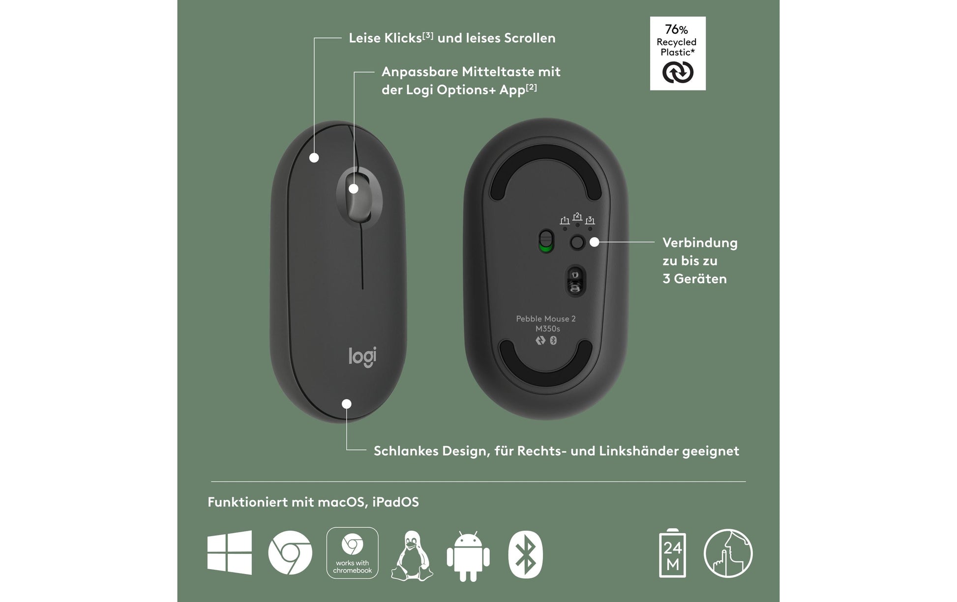Logitech Pebble M350s Maus – kabellos, Bluetooth, Graphit