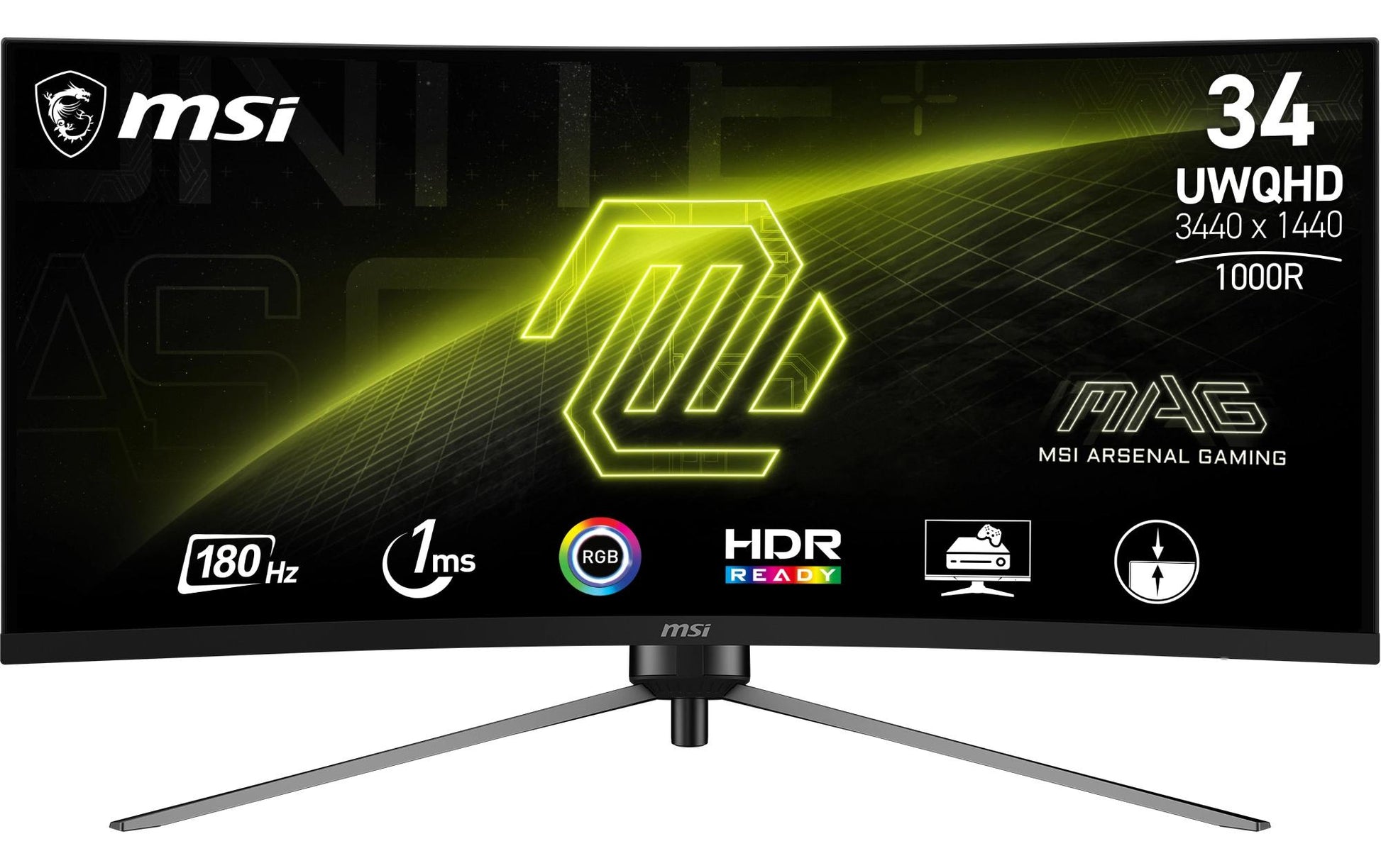 MSI MAG 345CQRDE – Monitor, 34", 3440 × 1440, VA, 180 Hz, 300 cd/m², Gebogen, USB-C, VESA 100 × 100, Schwarz