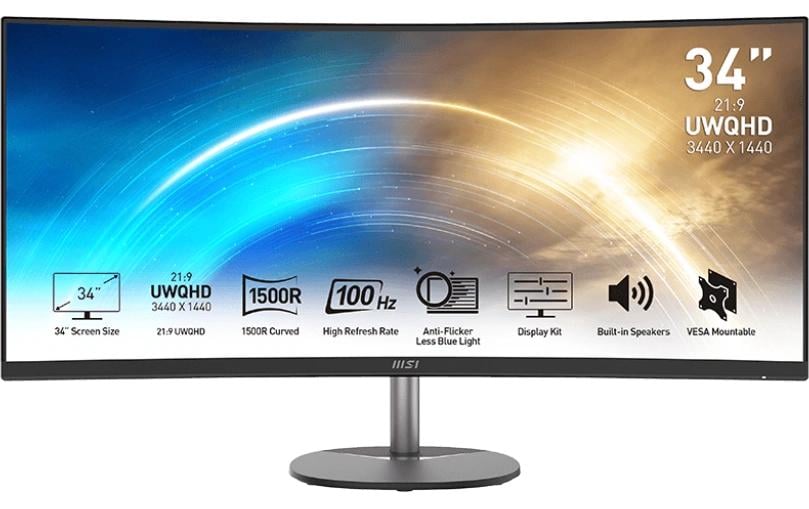 MSI PRO MP341CQDE – Monitor, 34", 300 cd/m², Integrierte Lautsprecher, AMD FreeSync, VESA 100 × 100, Schwarz