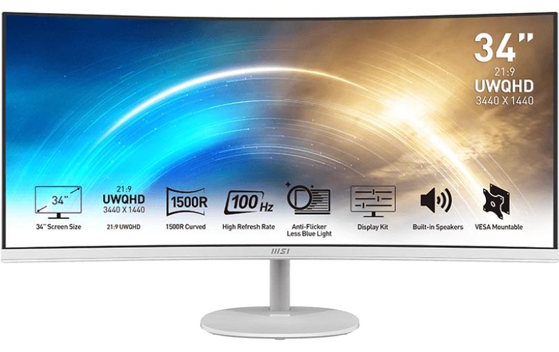 MSI PRO MP341CQWDE – Monitor, 34", VA, 100 Hz, 300 cd/m², Gebogen, VESA 100 × 100, Weiss