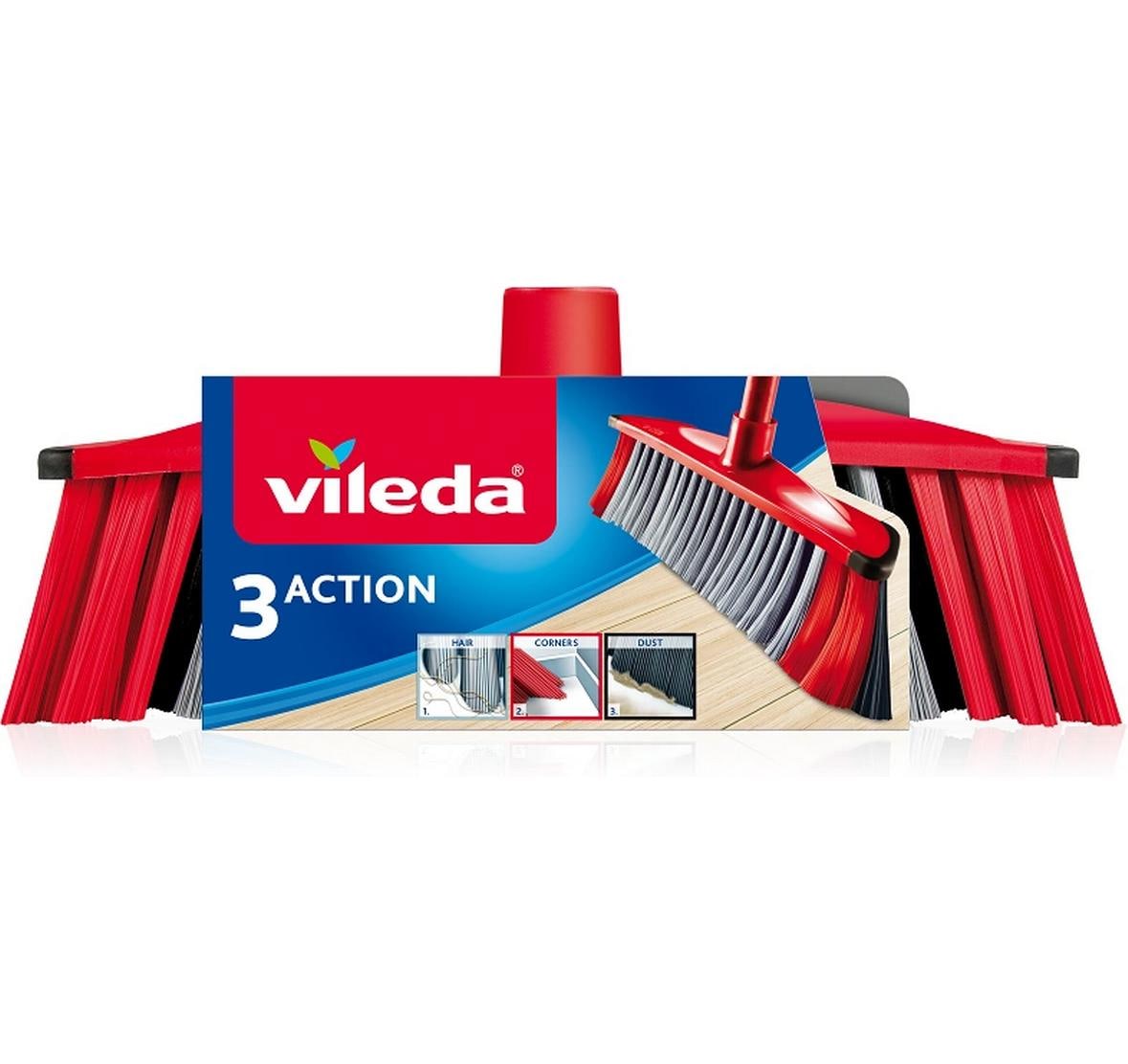 Vileda Besen 3 Action – Kunststoff, schwarz, mit Kantenschutz, 3 verschiedene Borsten, für Vileda Stiele