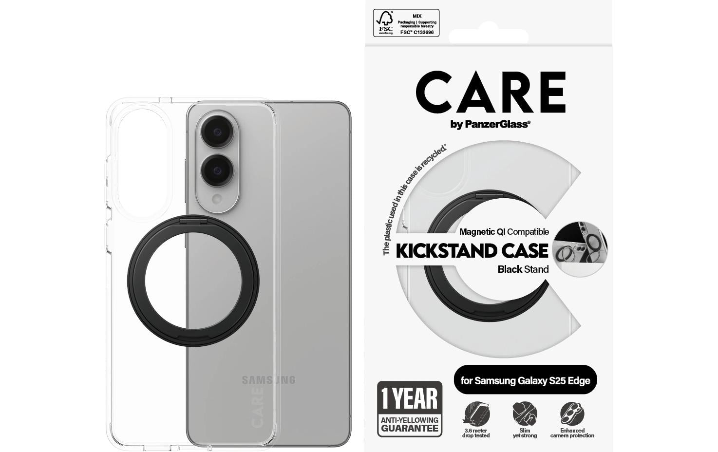 PanzerGlass Backcover – für Samsung Galaxy S25 Edge – transparent/schwarz – mit Kickstand, Qi-kompatibel