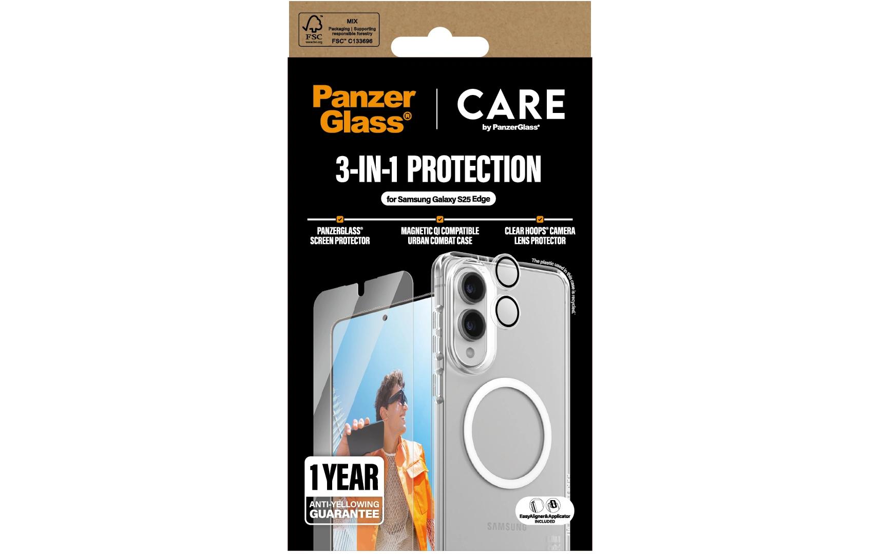 PanzerGlass CARE Schutz-Set 3-in-1 – für Samsung Galaxy S25 Edge, kratzresistent, stossfest, mit Montagerahmen