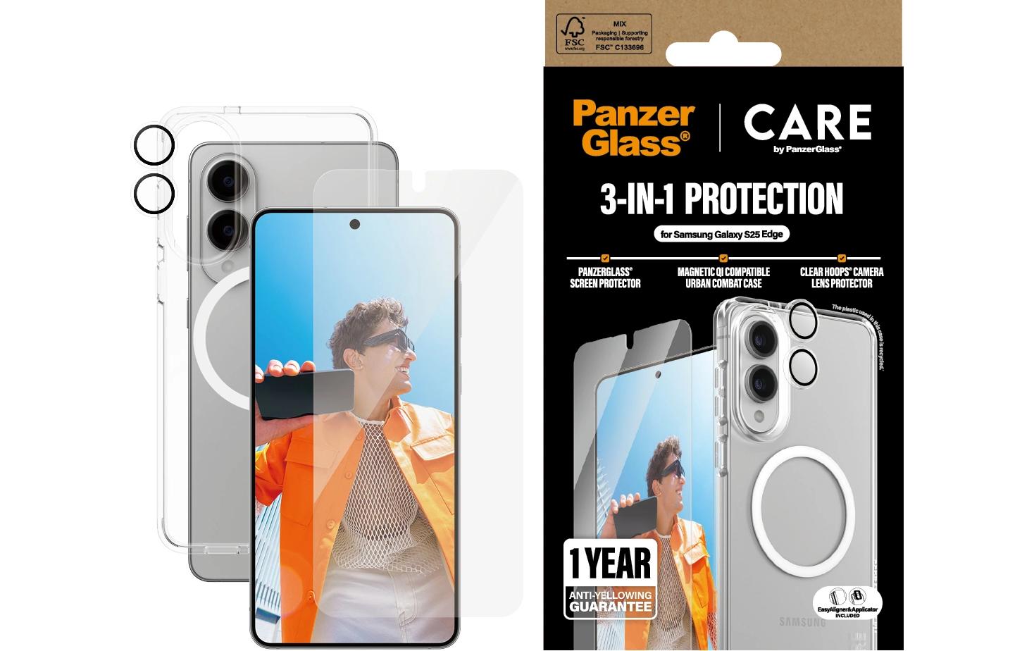 PanzerGlass CARE Schutz-Set 3-in-1 – für Samsung Galaxy S25 Edge, kratzresistent, stossfest, mit Montagerahmen