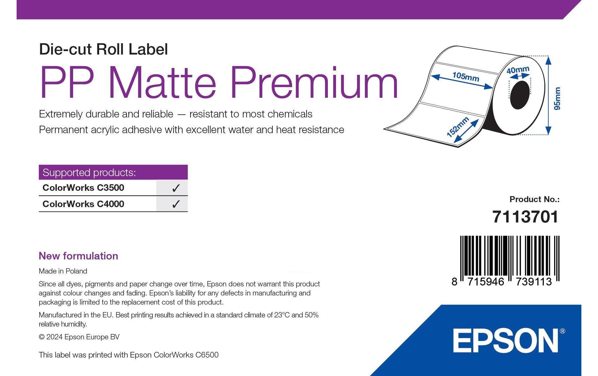Epson Rollenetiketten, 105 mm × 152 mm, Polypropylen (matt), 185 Etiketten