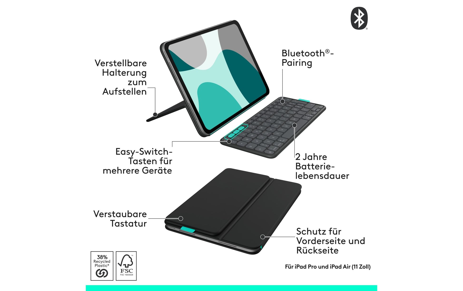 Logitech Tastatur-Case für iPad Pro/Air 11" (M2–M4) – Bluetooth, QWERTZ (CH), Beleuchtet – Grau