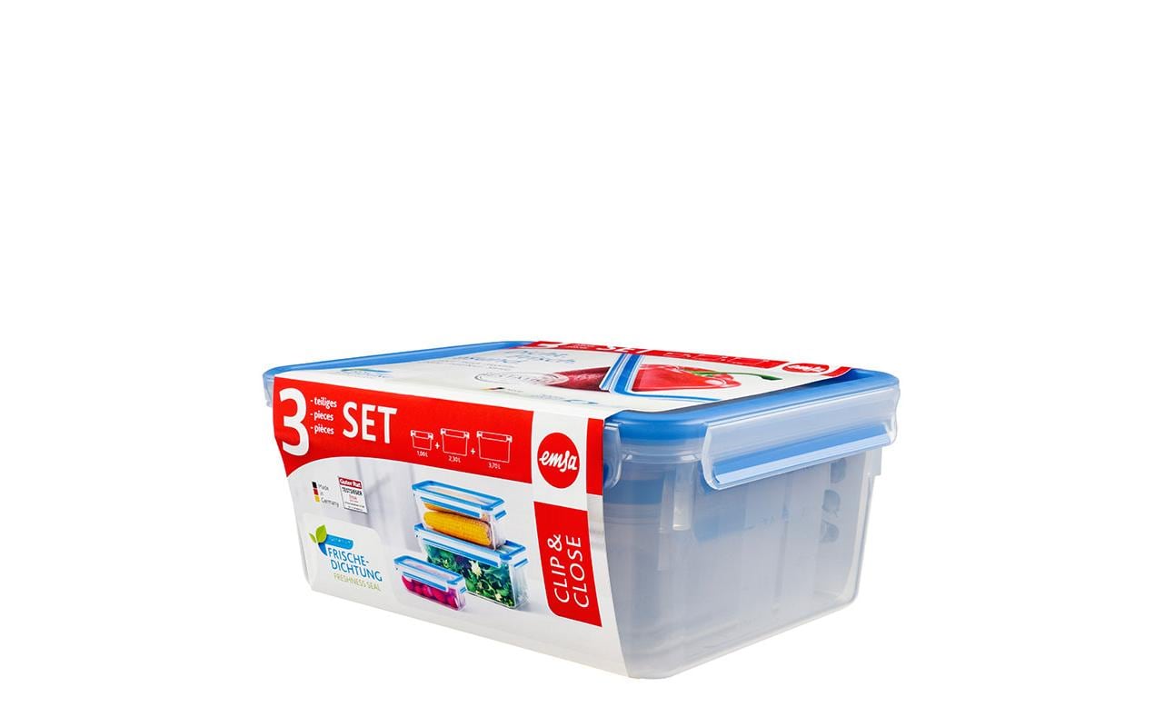EMSA Clip & Close – Vorratsdose 1 l, 2,3 l, 3,7 l, Polypropylen (PP), transparent/blau, 3-teilig