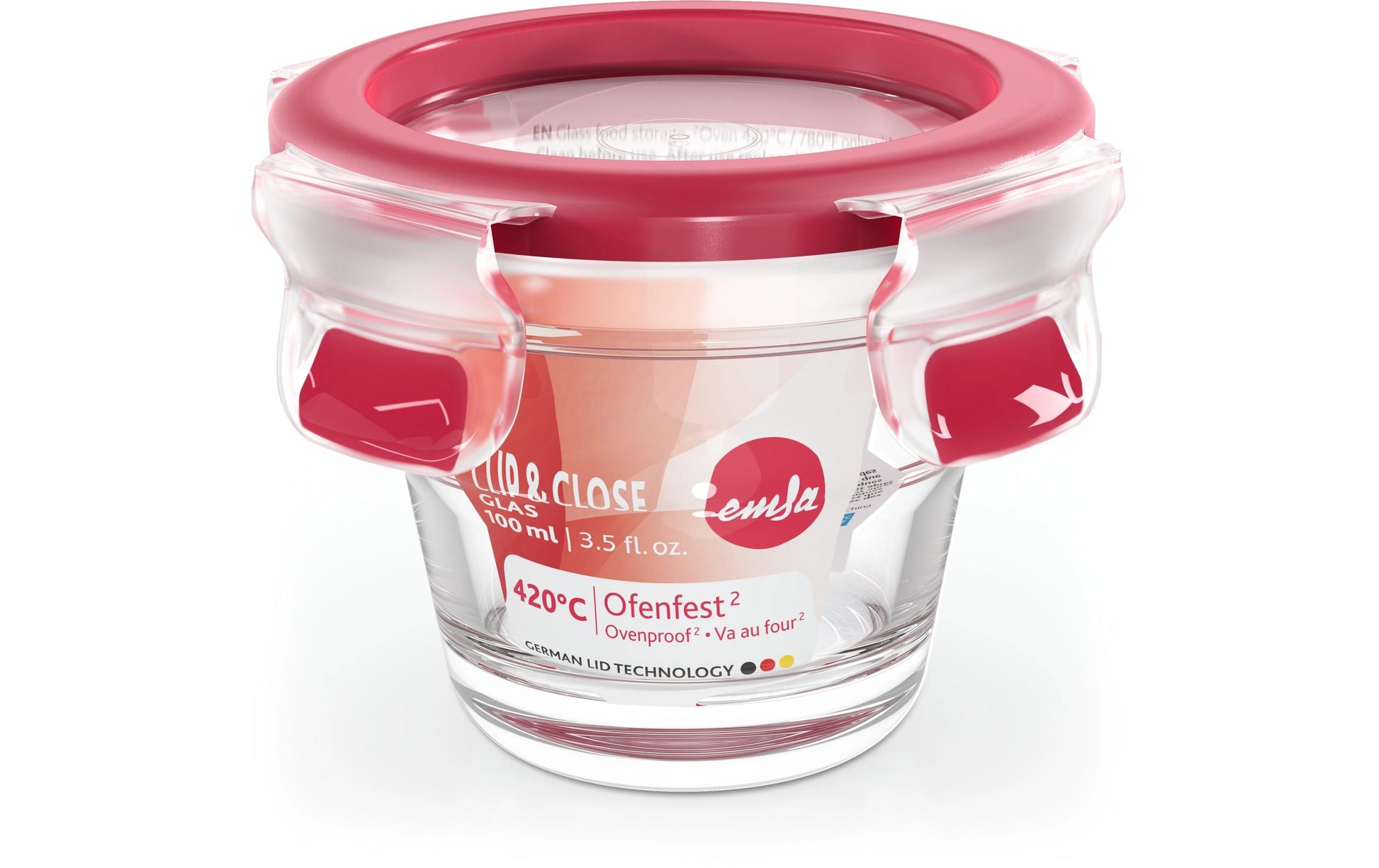 EMSA Clip & Close – Vorratsdose 100 ml, Ø 9,1 × 7 cm, Glas, Rot