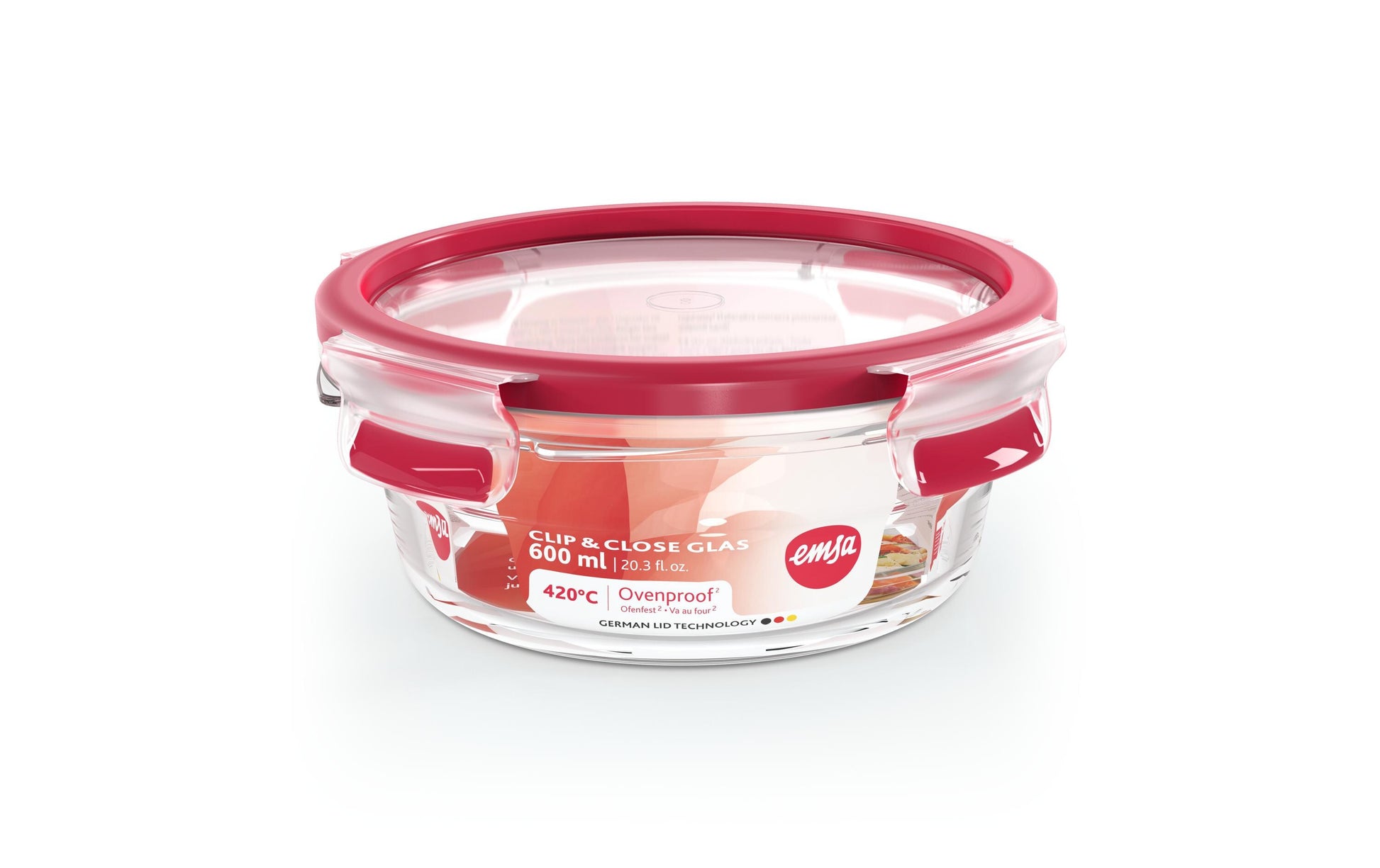 EMSA Vorratsdose 600 ml, 16,7 × 16,7 × 7 cm, Glas, Rot