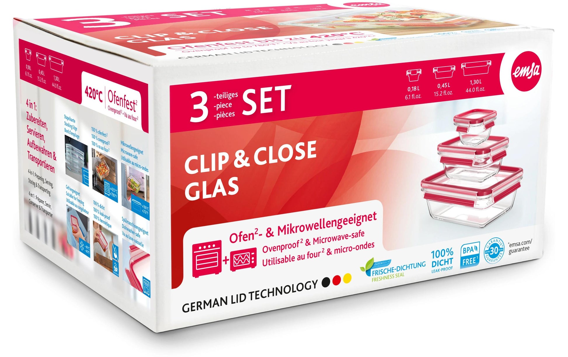 EMSA 3-teiliges Vorratsdosen-Set, 180 ml/450 ml/1,3 l, 17,8 × 24,0 × 12,7 cm, Glas, rot/transparent