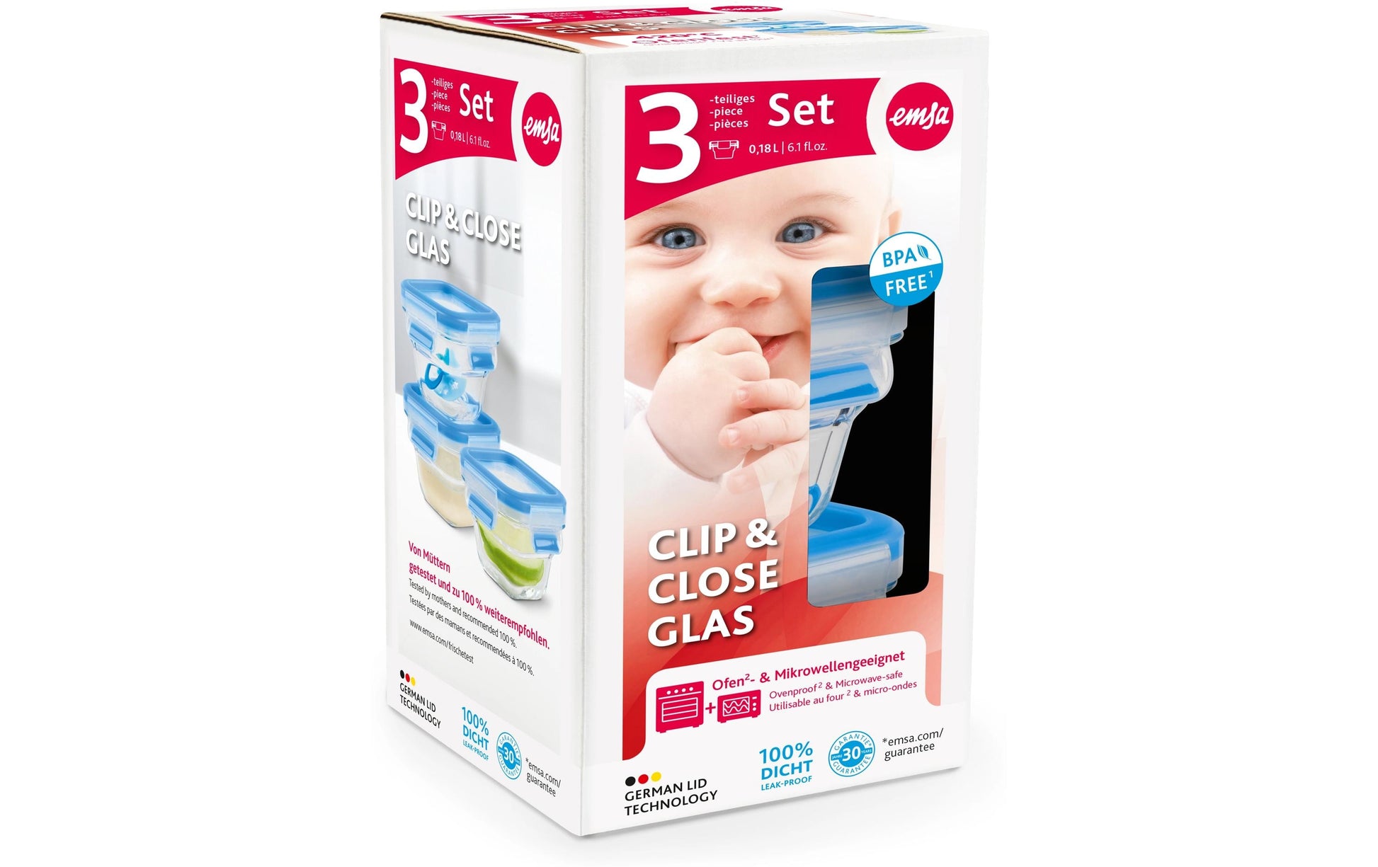EMSA Vorratsdose 180 ml, 10,6 × 10,6 × 20,7 cm, Glas, transparent/blau, 3-teilig