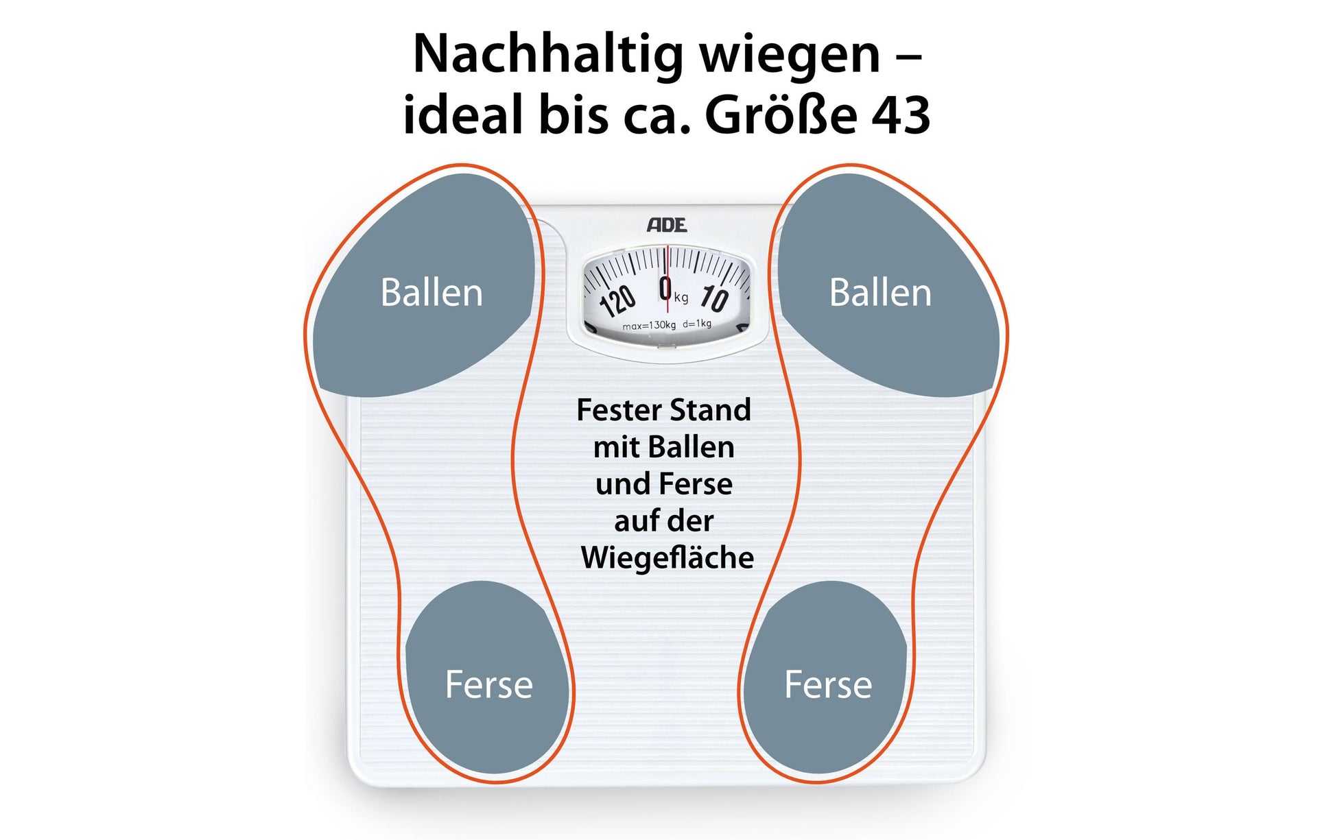 ADE Universalwaage Nina – Tragkraft 130 kg, Teilung 1000 g, Wiegefläche 26,8 × 24,5 cm, Kunststoff, Weiss