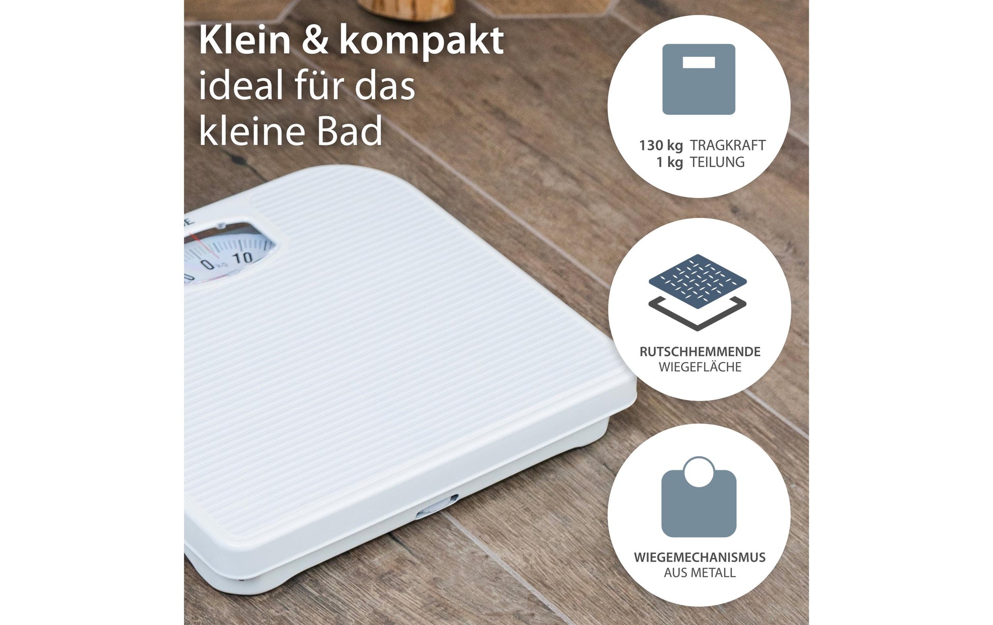 ADE Universalwaage Nina – Tragkraft 130 kg, Teilung 1000 g, Wiegefläche 26,8 × 24,5 cm, Kunststoff, Weiss