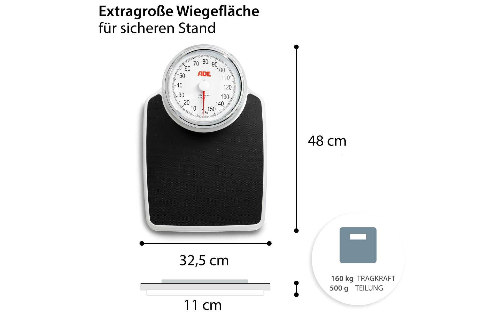 ADE Universalwaage Clinica – Tragkraft 160 kg, Teilung 1000 g, Wiegefläche 82,55 × 48 cm, Kunststoff, Schwarz