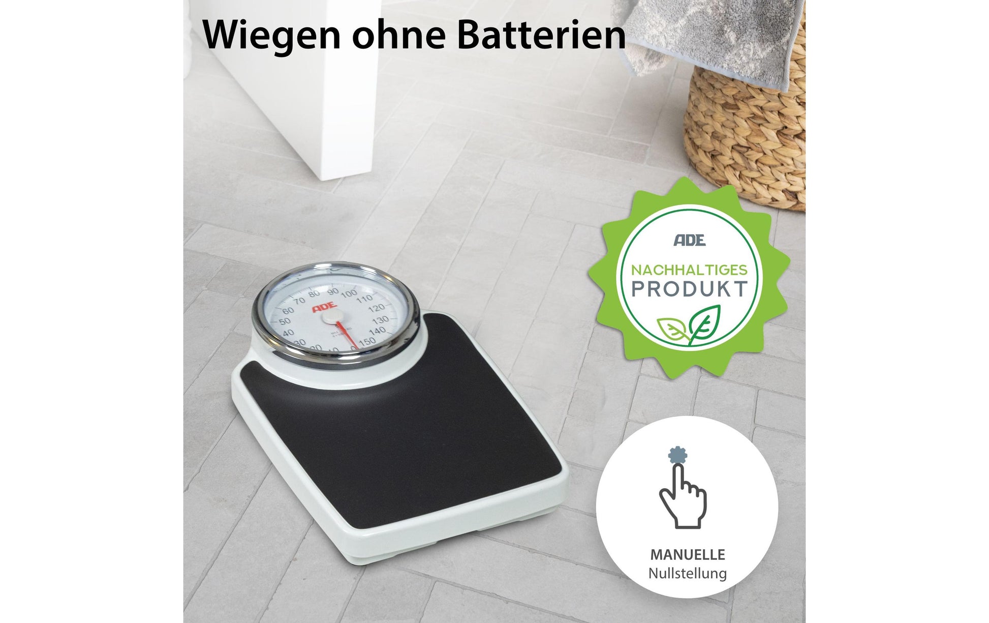 ADE Universalwaage Clinica – Tragkraft 160 kg, Teilung 1000 g, Wiegefläche 82,55 × 48 cm, Kunststoff, Schwarz