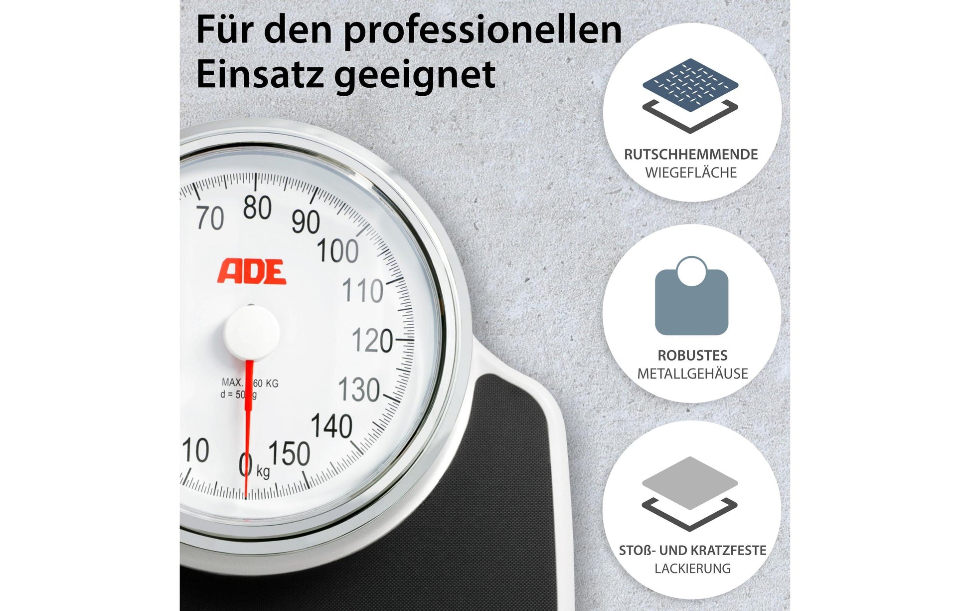 ADE Universalwaage Clinica – Tragkraft 160 kg, Teilung 1000 g, Wiegefläche 82,55 × 48 cm, Kunststoff, Schwarz