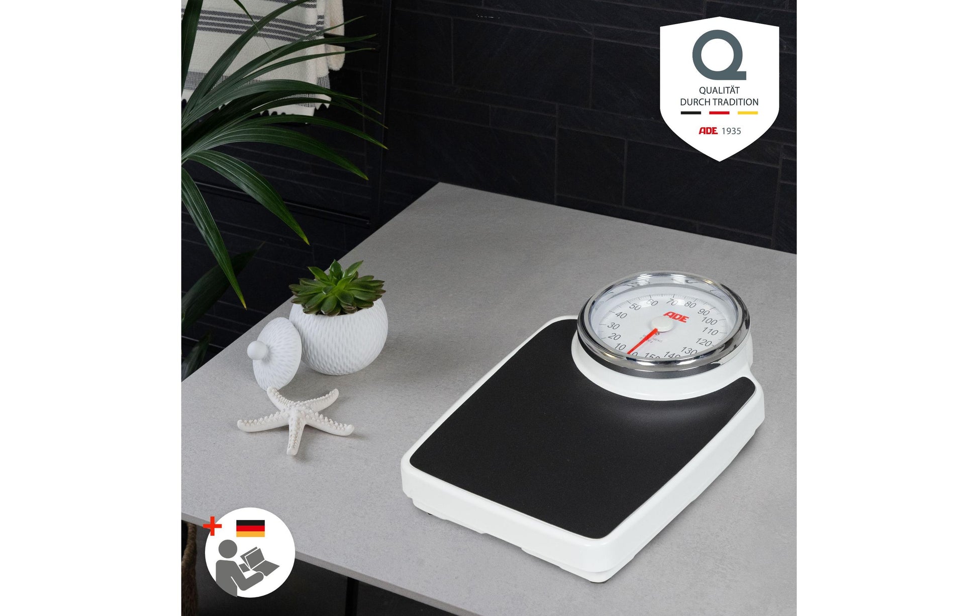 ADE Universalwaage Clinica – Tragkraft 160 kg, Teilung 1000 g, Wiegefläche 82,55 × 48 cm, Kunststoff, Schwarz