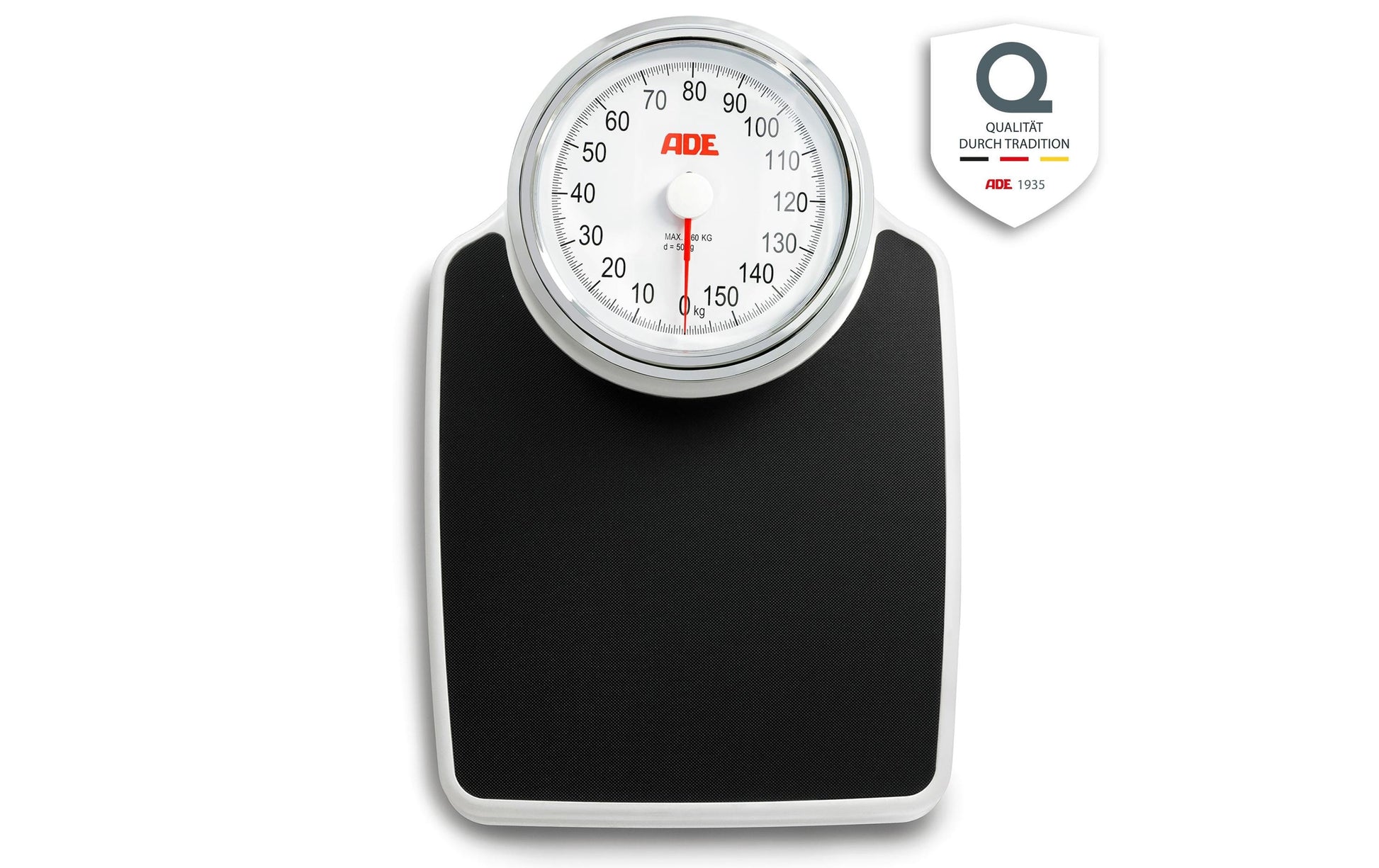 ADE Universalwaage Clinica – Tragkraft 160 kg, Teilung 1000 g, Wiegefläche 82,55 × 48 cm, Kunststoff, Schwarz