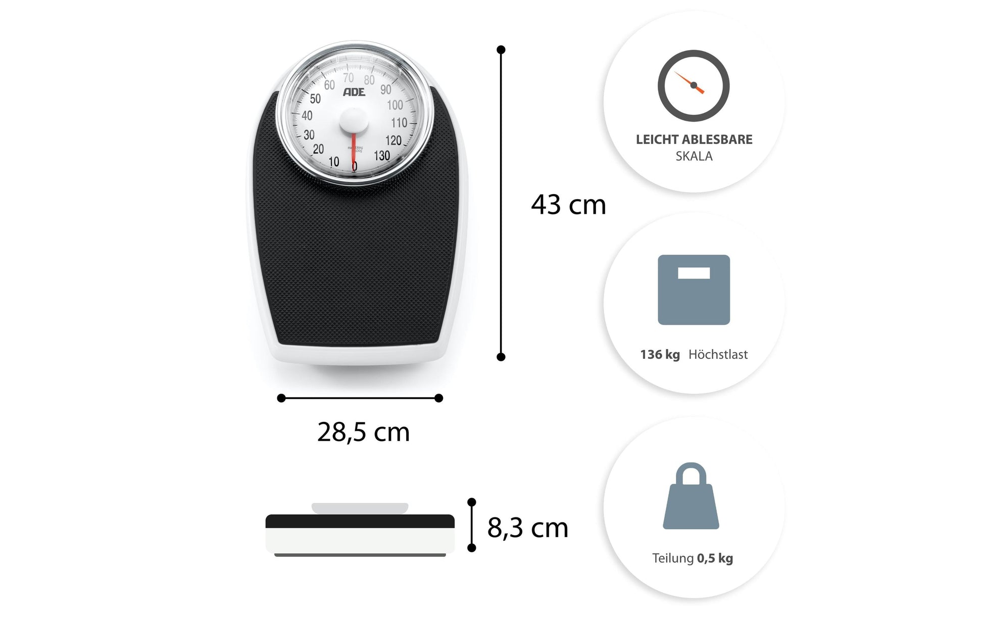 ADE Universalwaage Victoria – Tragkraft 136 kg, Teilung 500 g, Wiegefläche 28,5 × 43 cm, Metall, Schwarz
