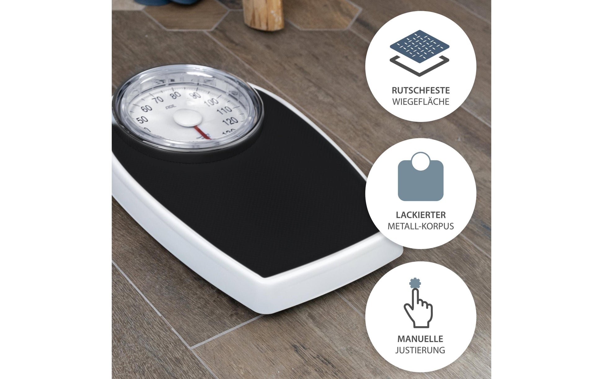 ADE Universalwaage Victoria – Tragkraft 136 kg, Teilung 500 g, Wiegefläche 28,5 × 43 cm, Metall, Schwarz