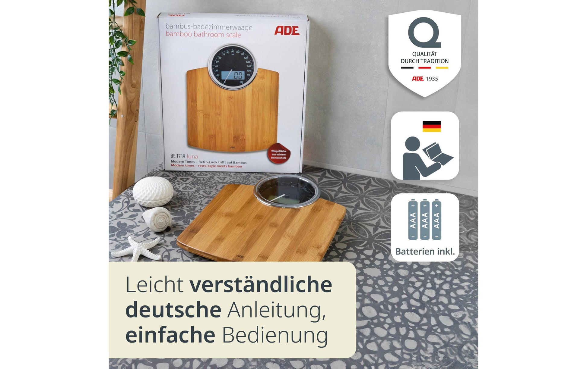 ADE Personenwaage Luna BE 1719 – Tragkraft 180 kg, Teilung 100 g, Wiegefläche 31,5 × 40,5 cm, Batterie