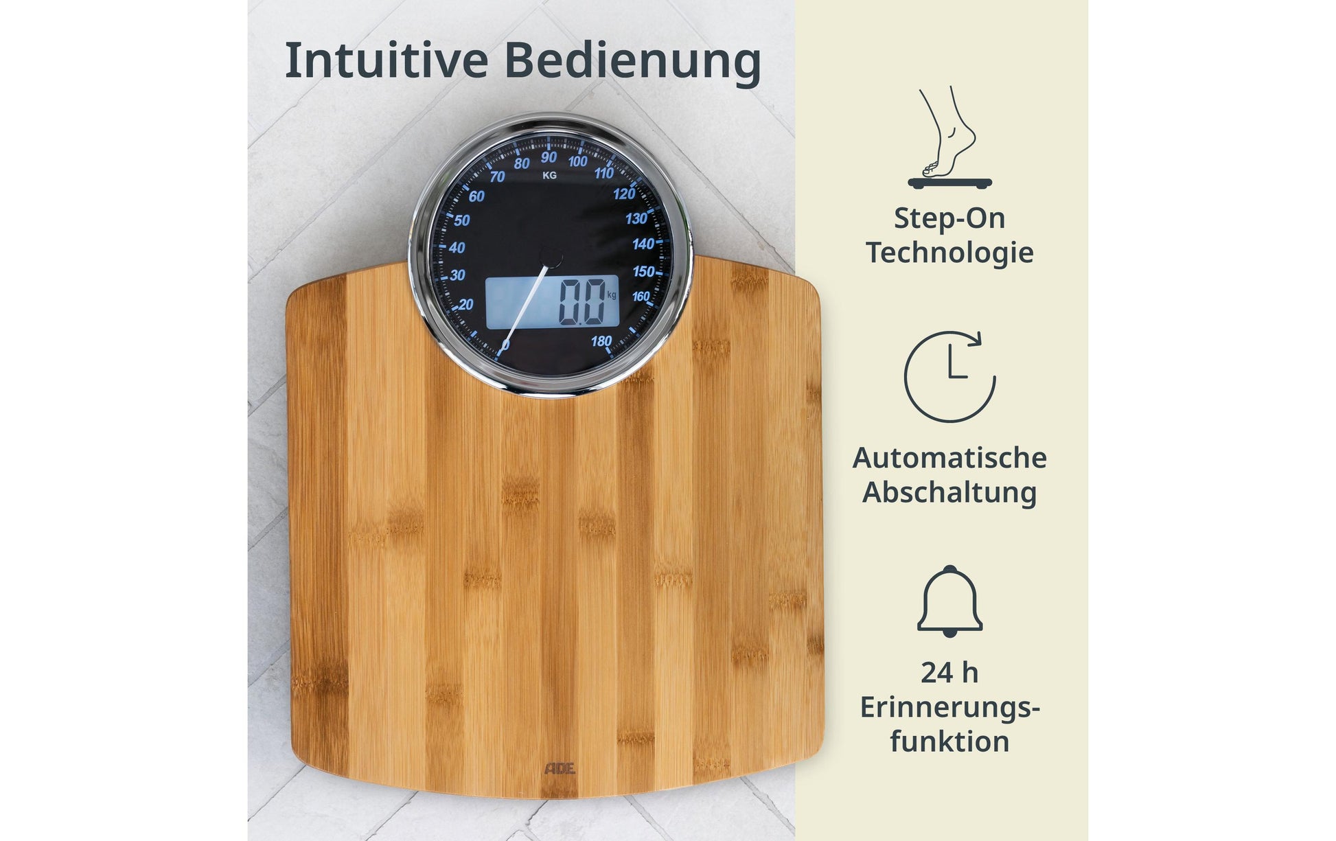 ADE Personenwaage Luna BE 1719 – Tragkraft 180 kg, Teilung 100 g, Wiegefläche 31,5 × 40,5 cm, Batterie