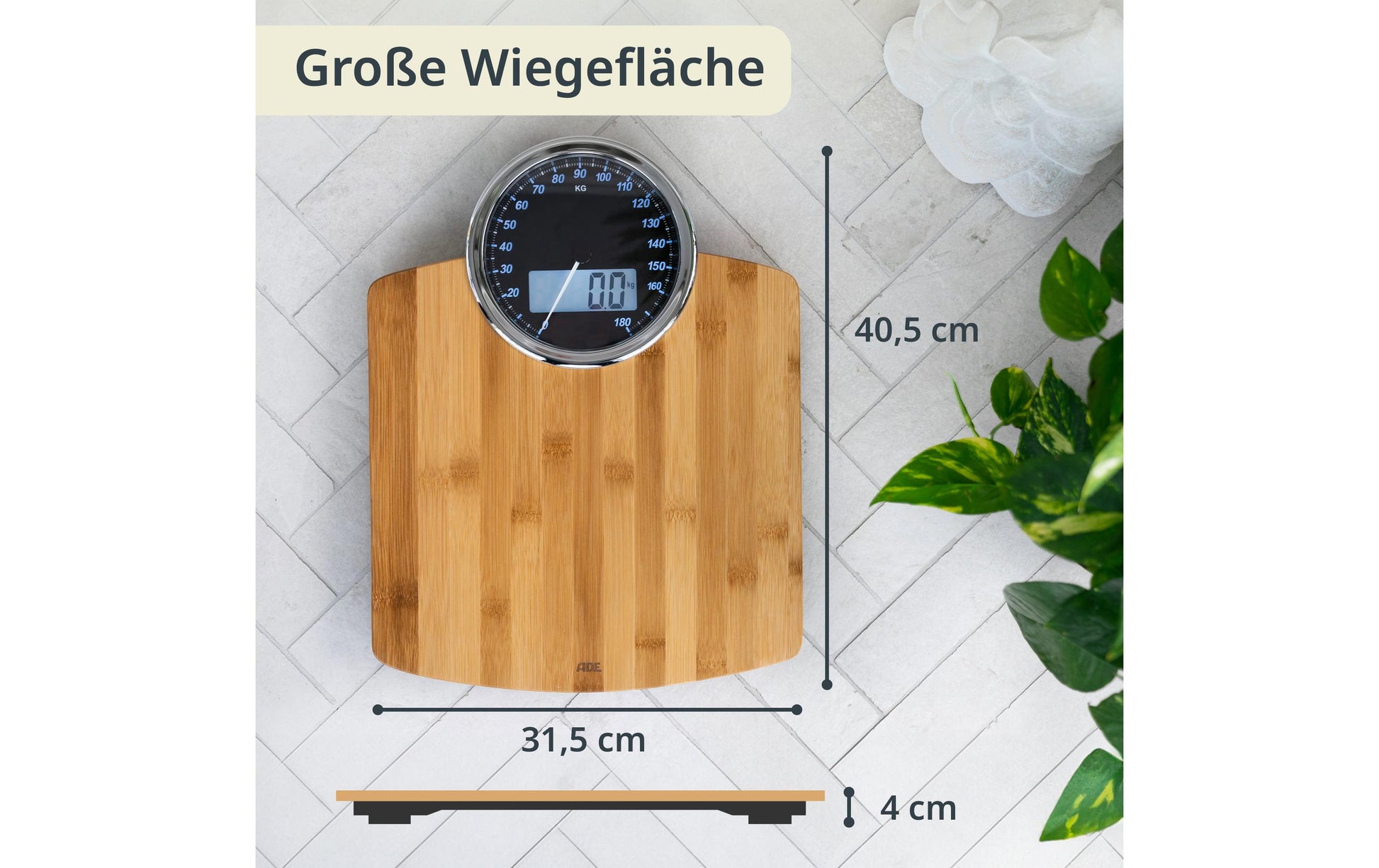 ADE Personenwaage Luna BE 1719 – Tragkraft 180 kg, Teilung 100 g, Wiegefläche 31,5 × 40,5 cm, Batterie