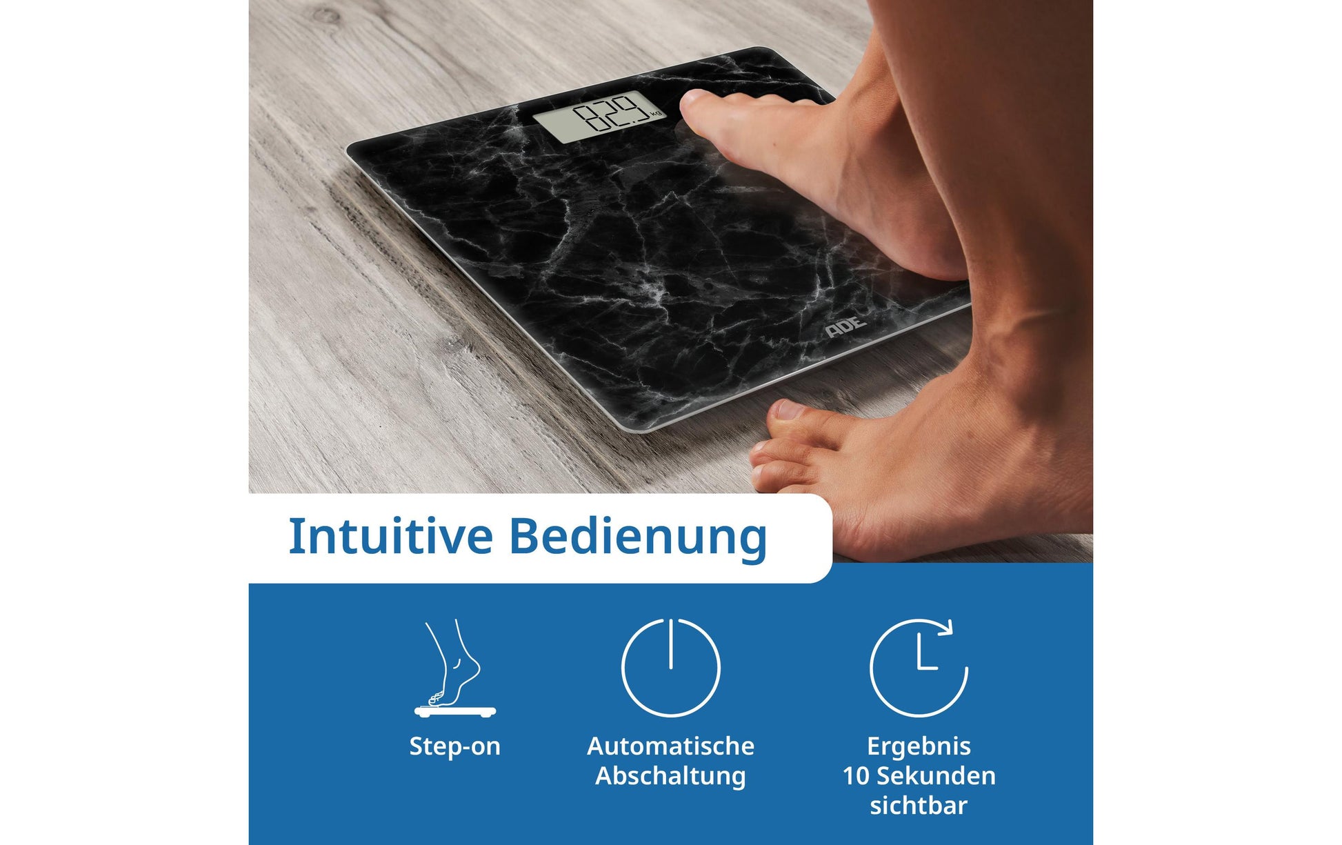 ADE Paketwaage Amina Marmor – Tragkraft 180 kg, Teilung 100 g, Wiegefläche 30 × 30 cm, Batterie, Glas