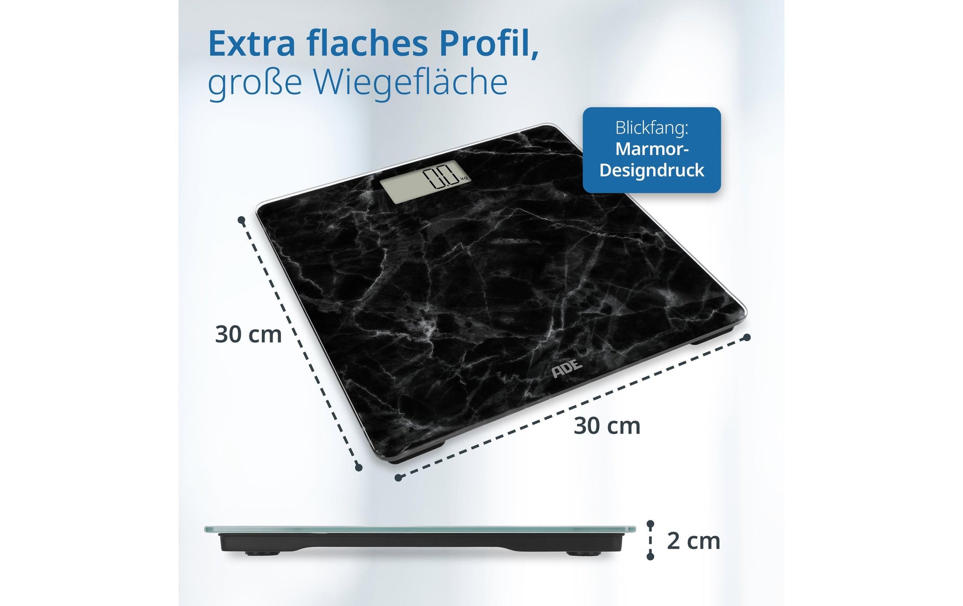 ADE Paketwaage Amina Marmor – Tragkraft 180 kg, Teilung 100 g, Wiegefläche 30 × 30 cm, Batterie, Glas
