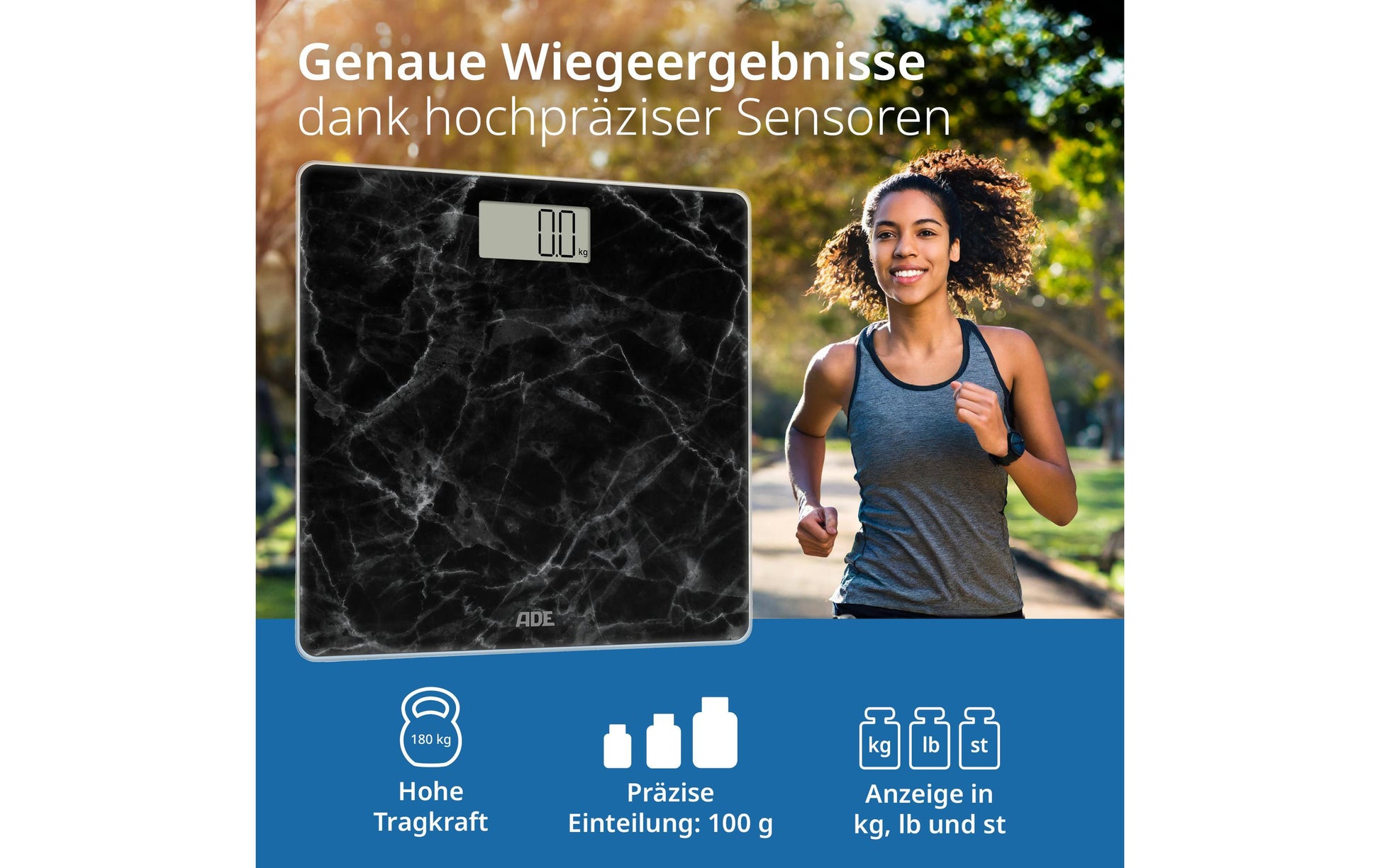 ADE Paketwaage Amina Marmor – Tragkraft 180 kg, Teilung 100 g, Wiegefläche 30 × 30 cm, Batterie, Glas