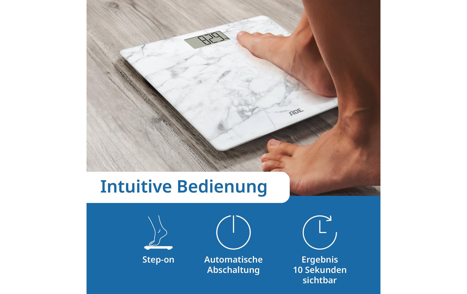 ADE Paketwaage BE2306-5 – Tragkraft 180 kg, Teilung 100 g, Wiegefläche 30 × 30 cm, Batterie, Sicherheitsglas