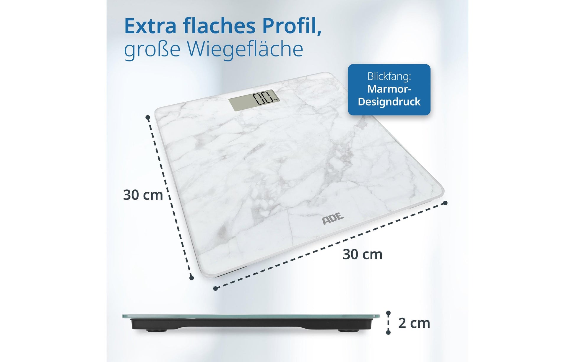 ADE Paketwaage BE2306-5 – Tragkraft 180 kg, Teilung 100 g, Wiegefläche 30 × 30 cm, Batterie, Sicherheitsglas