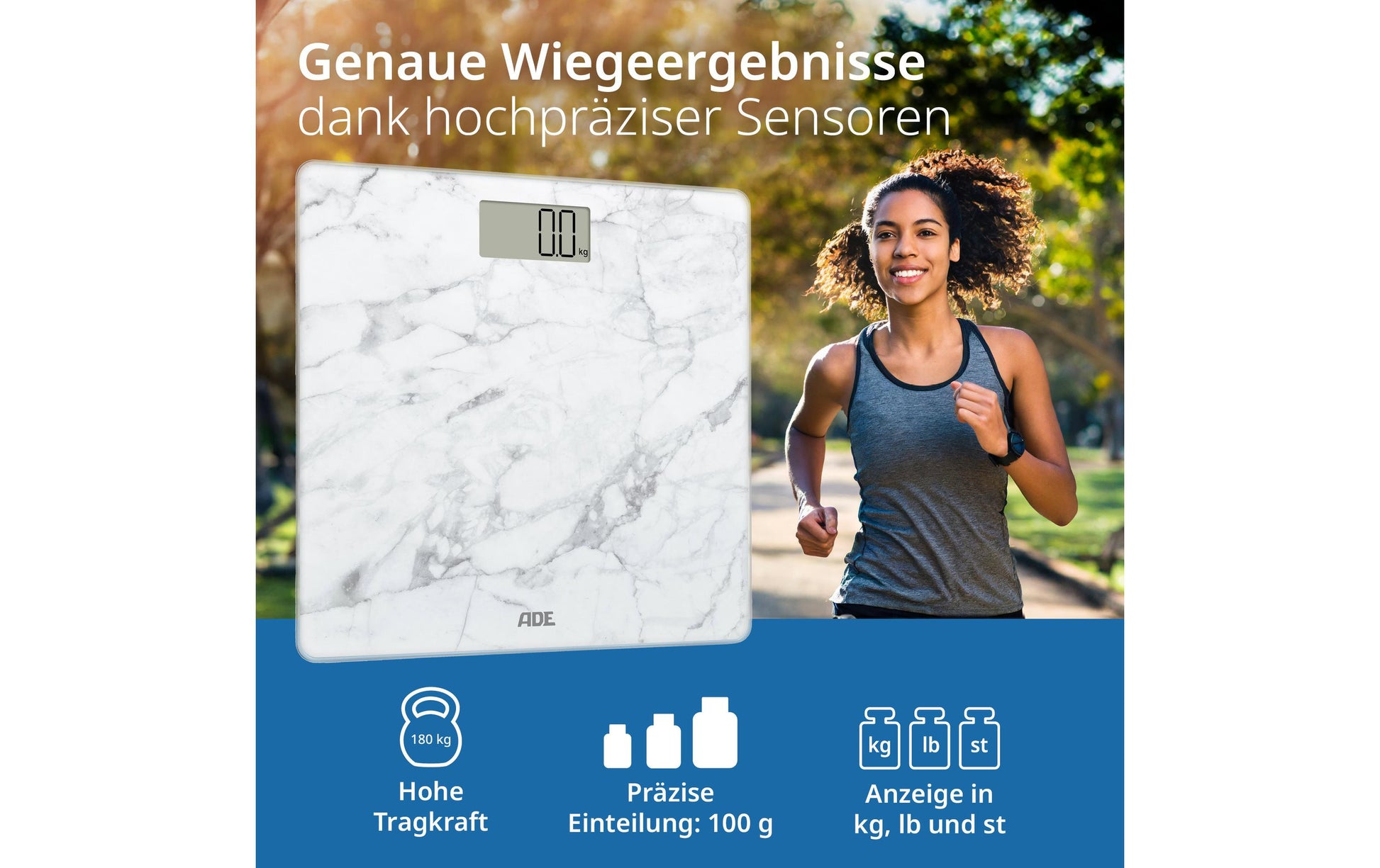 ADE Paketwaage BE2306-5 – Tragkraft 180 kg, Teilung 100 g, Wiegefläche 30 × 30 cm, Batterie, Sicherheitsglas