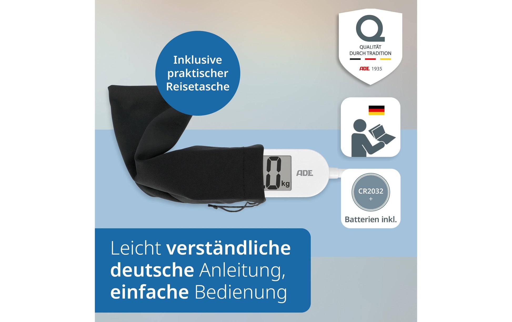 ADE Paketwaage BE2301 – Tragkraft 180 kg, Teilung 100 g, Wiegefläche 24,5 × 30 cm, Weiss