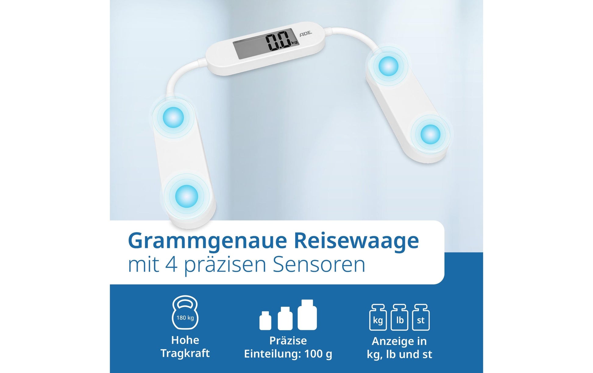 ADE Paketwaage BE2301 – Tragkraft 180 kg, Teilung 100 g, Wiegefläche 24,5 × 30 cm, Weiss
